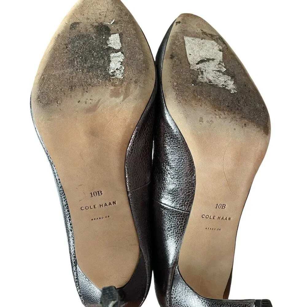 Cole Haan 10 B High Heels Metallic Pewter Silver Leather Almond Toe - Picture 12 of 12